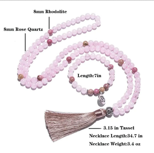 طقم القلادة البوهيمية من الكوارتز الوردي والرودوليت (8 مم)