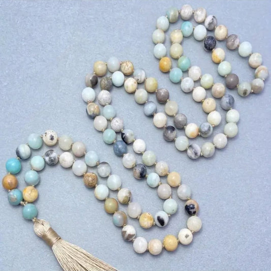قلادة حجر الأمازونيت الطبيعي – 108 حبة (6 مم) + شرّابة | تصميم روحاني فاخر